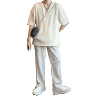 Men's Design Collar Short Sleeve Shirt Trousers Two-piece Suit British Yupi Handsome