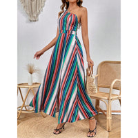 Womens Striped Printed One-Shoulder Slit Thigh-Length Dress