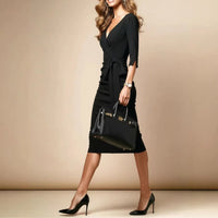V-neck Dress With A Mid-length Sleeve Hugging The Hips In Black