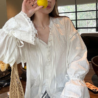Womens Cotton Lace-Patchwork Ruffle-Trimmed Jacquard Shirt