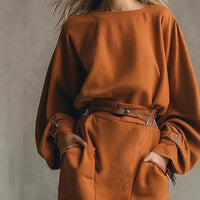Crew-neck Long-sleeve Top Pocketed Skirt