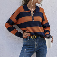 Polo Collar Halloween Top Women's European And American Ladies Long-sleeved Striped Sweater