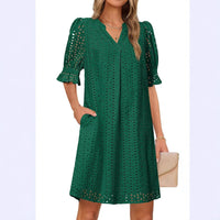 SpringSummer V Neck Pleated Collar Hollow Out Floral Lace Dress