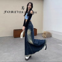 Retro White Stitching Draping Denim Mid-length Skirt