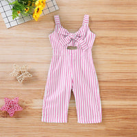 Girl's Blue Striped Bow Overalls