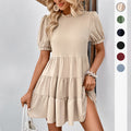 Loose-fitting Round-neck Short-sleeve Pleated Solid-color Dress
