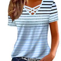 Fashionable V-neck Trendy Printed Cross-strap Striped Short Sleeves