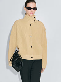 Fashionable Single-Breasted Chunky-Knit Turtleneck Cardigan Sweater