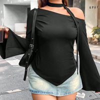 Women's Irregular Long Sleeve Short Fitted Off-Shoulder Top