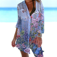 3D Casual Women's Clothing Bird-and-flower Painting Printed Beach Vacation Blouse