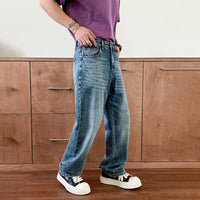 High-quality New Washed Blue Men's Jeans, Slightly Stretchy, Regular Fit Straight Leg