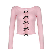 Bow Color Contrast Patchwork Base T-shirt Openwork Knitted Top