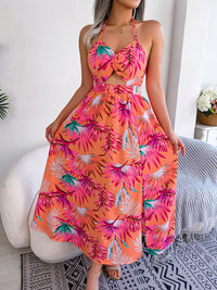 Women Floral Print Sleeveless Cutout Slip Maxi Beach Vacation Dress