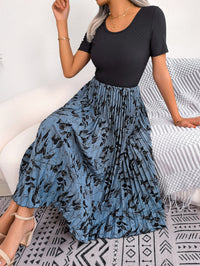 Women   Casual Leaf Print High Waist Pleated Midi Dress