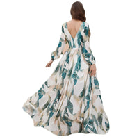 Womens Cinched Waist, Slit V-Neck Backless Long-Sleeve Dress