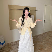 Womens Solid-Color Korean-Style French-Elegance Lace-Trimmed Shirt