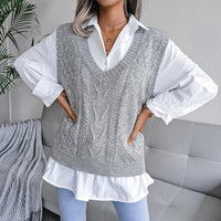 European & American Hollow Out Cable Knit V-Neck Sleeveless Sweater
