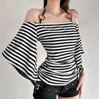 Retro Striped Off-Shoulder Flare-Sleeve T-Shirt