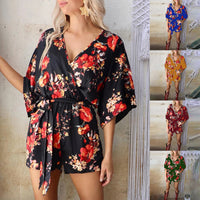 Printed Sleeve V-neck Loose Casual Lace-up Jumpsuit
