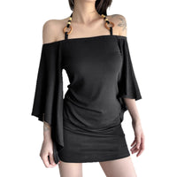 Retro Striped Off-Shoulder Flare-Sleeve T-Shirt