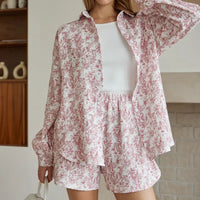 Printed Cotton Sleepwear With A Turn-down Collar, Long Sleeves And Shorts