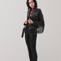 New Women's Tassel Short Slim Leather Jacket Motorcycle