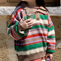 Autumn Boys And Girls Korean Style Polo Collar Stripes Knitted Top