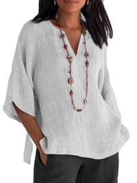 Three-quarter-sleeve Cotton-linenSolid-color Loose-fit Casual Shirt