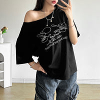 Womens Street-Style Letter-Print Off-Shoulder Short-Sleeve Loose Blouse