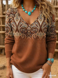 Womens Retro-Print V-Neck Long-Sleeve T-Shirt Top