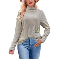 European And American Brushed Sunken Stripe Knitted Turtleneck Side Button Women's Top