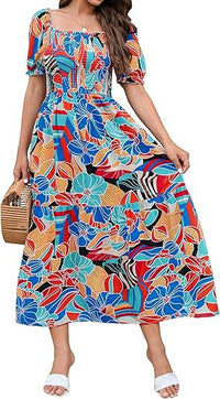Bohemian Floral Square-Neckline Resort Long Dress