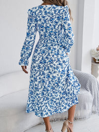 Women's Elegant Floral Print Cross V Neck Tie Waist Ruffle Maxi Dress