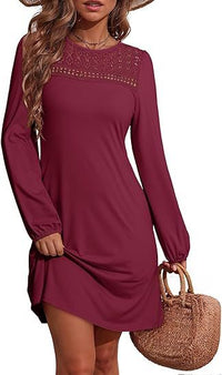 Long-sleeve A-line Solid-color Lace Loose Dress