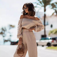 Short-sleeve Off-shoulder Top And Straight-leg Trousers Set