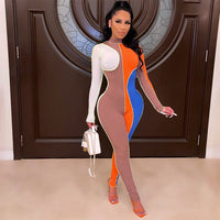 Sexy Threaded Color Block Long Sleeve Slim Jumpsuit