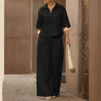 Solid-color Slimming Versatile Wide-leg Pants Two-piece Set