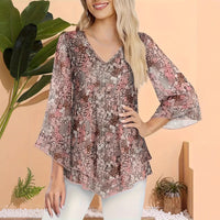 Women's Floral Print V-neck Chiffon Long Sleeve Top