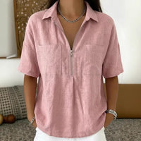 Loose-fit Lapel Short-sleeve Casual V-neck Zip-up Shirt