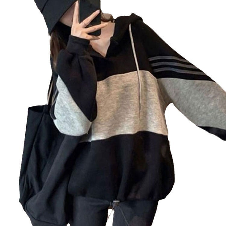 Korean Style Stitching Hooded Loose Pullover Top