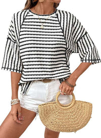 Casual Loose-fit Striped Crewneck Color-block Short-sleeve T-shirt