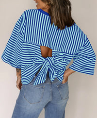 Womens Crew-Neck Striped Knitted Top With Back Tie Bow