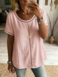Women's Spring Summer Comfortable Casual Patchwork Hollowed-Out Trim Top T-Shirt