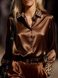 Retro-Style Long-Sleeve Satin Shirt With Leopard Print And Color-Block Design