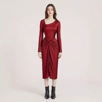 Solid Color Irregularly Knotted Elegant Autumn Dress