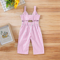 Girl's Blue Striped Bow Overalls