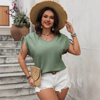 Womens V-neck Loose-fit Drawstring Short-sleeve Top