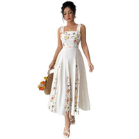 European And American Style French Cut-Waist Floral Embroidery Sleeveless Maxi Dress