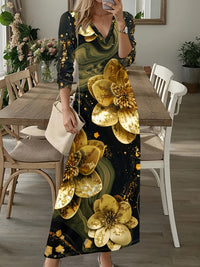 V-neck Long-sleeve Bohemian Peacock-print Floral Maxi Dress