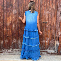Solid-color V-neck Fashionable Raw-edge Patchwork Denim Dress
